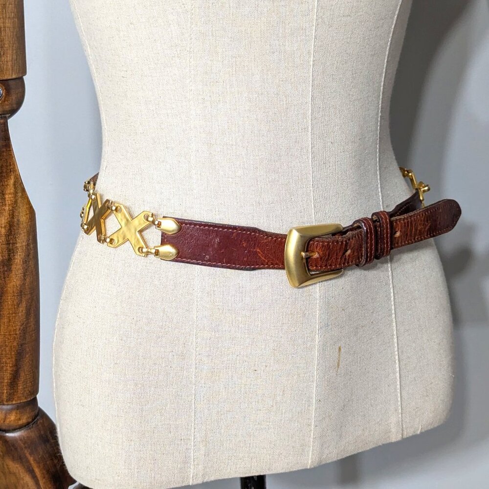 Kudos genuine leather belt chestnut brown + gold tone XXX accents made in Spain